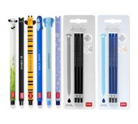 LEGAMI - Juego de 6 bolígrafos de gel borrables + 6 recambios, con tinta de borrado termosensible, tinta negra y azul, punta de 0,7 mm, diseño de panda, gato, abeja, tiburón, elefante e hipopótamo