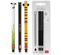 LEGAMI - Set de 3 bolígrafos de gel borrables + 3 recambios negros, con tinta borrable termosensible, gama de diseños de cuerpo, punta de 0,7 mm de color, diseño de panda, gato y abeja
