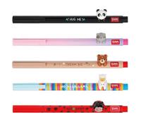 Legami - Set de 5 Lovely Friends, Panda, Kitty, Teddy Bear, Ladybug, Llama, Bolígrafos de Gel con Animalito Decorativo extraíble y recombinable, Evita que Rueden, Punta 0,5 mm