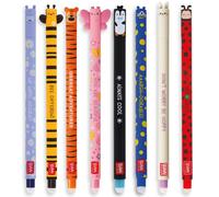 Legami - Set de 8 rotuladores de gel borrables, tema Animales, bola en el extremo para eliminar la tinta, negro, azul, violeta, rojo, turquesa, naranja, termosensible, diámetro de la punta 0,7 mm