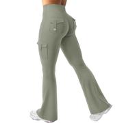Leggings acampanados de entrenamiento para mujer con bolsillos ocultos, cintura alta, cargo, gimnasio, yoga, sin costura frontal, pantalones de entrenamiento con bolsillos para mujer, Verde tirando a