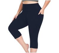 Leggings cortos de cintura alta para mujer, talla grande, pantalones elásticos de 3/4 de longitud, ajuste delgado, casual, pantalones capri de yoga, suaves, opacos, sin costuras, 2-azul marino, 5XL