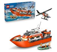 LEGO City Barco y Helicóptero de Rescate de Guardacostas de Juguete - Set de Vehículos de Emergencia - Maqueta de Barco Flotante, 5 Minifiguras y Figura de Perro - Regalo para Niños de 7+ Años - 60504