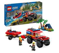 LEGO City Camión de Bomberos 4x4 con Barco de Rescate de Juguete para Niños y Niñas de 5 Años o Más, Lancha Motora, Remolque, Tienda de Campaña y Minifiguras de Excursionista y 2 Bomberos 60412