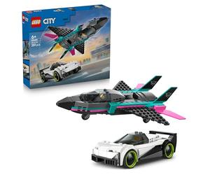 LEGO City Jet vs. Coche 60489 | Juguetes para niños de 6+ años, maqueta de avión, supercoche de carreras y minifiguras, regalo de cumpleaños, 259 piezas