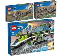 LEGO City - Juego de 3 trenes rápidos para personas 60337, 60238 suaves y rieles 60205