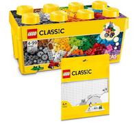 Lego Classic - Caja de bloques de construcción (tamaño mediano + placa blanca: cajas de almacenamiento y placas, caja de piedra con placa de construcción, para niños a partir de 4 años), juego de
