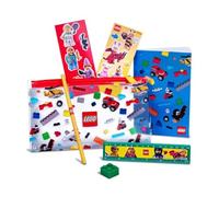 LEGO Juego de papelería con artículos de marca listos para algunos trabajos escolares, incluyendo un estuche, cuaderno, calcomanías, lápiz, regla y borrador.