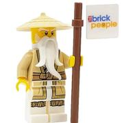 Lego Ninjago: Minifigura Sensei Wu con batas bronceadas, bastón de batalla y cola de caballo trenzada