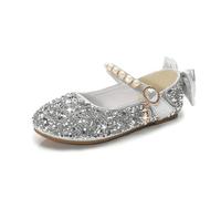 Legou Zapatos planos para niña, ballet, Mary Jane, perlas, diamantes de imitación, princesa, boda, fiesta, lazo, zapatos planos, Silver, 4 años