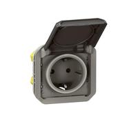 LEGRAND, Plexo 069571L - Enchufe para ambientes húmedos, estándar Schuko, incluye tapa, protección táctil, bornes, 16 A, 250 V, IP44 - IK08 (IP55 con la tapa cerrada), color antracita