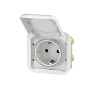 LEGRAND, Plexo 069640L - Enchufe para ambientes húmedos, estándar Schuko, incluye tapa, protección táctil, bornes, 16 A, 250 V, IP44 - IK08 (IP55 con la tapa cerrada), color blanco