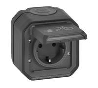 LEGRAND, Plexo 069784L - Toma de corriente para cámaras húmedas (carga para bicicletas eléctricas y bicicletas eléctricas, estándar Schuko, conexión automática, incluye tapa abatible + marca de
