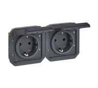 LEGRAND, Plexo 069879L - Enchufe Estanco de Pared para Ambientes Húmedos (2 Enchufes, Incluye Tapa, Protección Táctil, Precableado, Horizontal, IP44 - IK08, IP55 con la Tapa Cerrada), Color Gris