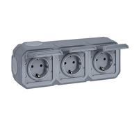 LEGRAND, Plexo New 069743L - Enchufe de 3 enchufes para ambientes húmedos, estándar Schuko, incluye tapa abatible, protección táctil, terminales precableados, horizontal, IP44 - IK07, color gris