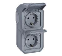 LEGRAND, Plexo New 069744L - Enchufe para ambientes húmedos (2 enchufes, protección táctil, precableado, vertical, IP44 - IK07), color gris