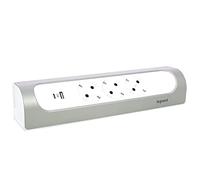 Legrand 694504, Regleta de enchufes en ángulo, con 2 Puertos USB Tipo A y Tipo C, sin Interruptor, Enchufe múltiple con 3 Tomas de Corriente, sin Cable, Color Blanco/Aluminio