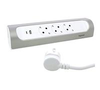 Legrand 694502, Regleta de enchufes en ángulo, sin Interruptor, con 2 Puertos USB Tipo A y Tipo C. Enchufe múltiple con 3 Tomas de Corriente, Cable de 1 MT., Color Blanco/Aluminio