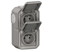 LEGRAND - Toma impermeable doble IP55 con tierra Plexo, toma 2P+T 16A completa con persiana, para colocación en aparente, montaje vertical, fabricado en Francia, gris