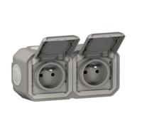 LEGRAND - Toma impermeable doble IP55 con tierra Plexo, toma 2P+T 16A completa con persiana, para colocación en aparente, montaje horizontal - Fabricado en Francia - Gris