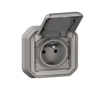 LEGRAND - Toma impermeable IP55 con tierra Plexo, toma 2P+T 16A completa con persiana, para colocación en empotrado con garras, fabricado en Francia, gris