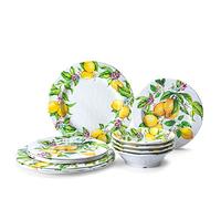 LEHAHA Juego de vajilla de melamina de limón, juego de 12 platos y cuencos para interiores y exteriores para uso diario, apto para lavavajillas, juego de cena de cocina irrompible, servicio para 4