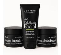 Lehman Pack Rutina Facial Hombre Limpiador Exfoliante y Crema Hidratante | Set Skincare Kit Cuidado Cara 3 Pasos Idea Regalo con Arcilla Blanca Carbón Activado Ácido Hialurónico Antiedad Piel Grasa