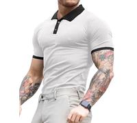 Lehmanlin Polo de Manga Larga y Corta para Hombre Camiseta Hombre Slim Fit Casual Color sólido elásticas Camiseta básica de Golf (Blanco+Cuello Negro - M)