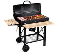 LEHMANN Barbacoa de Carbón Vegetal con Parrilla XL, Carro de Barbacoa con 2 Estantes de Madera, Tapa, Ruedas y Mango no Caliente, BBQ para Jardín, Terraza, Camping
