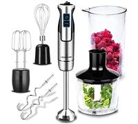 LEHMANN Batidora de mano multifunción 5 en 1, Potencia 1200W, Acero inoxidable, 8 velocidades ajustables + función Turbo, 6 Accesorios incluidos, Picadora 500 ml & Vaso medidor 860 ml, Libre de BPA