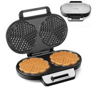 LEHMANN Gofrera Corazon Doble - Waffle Maker para 10 Gofres de Corazón Clásicos - Maquina de Gofres con 2 Superficies Antiadherentes - Control de Temperatura - 1200 W - Negro/Plateado