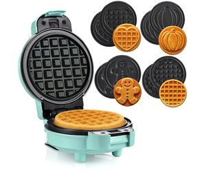 LEHMANN Mini Gofrera 4 in 1 con Placas Intercambiables, Formas de gofre - Calabaza, Muñeco de Jengibre, Corazón y Clásica, Revestimiento Antiadherente, para fiestas infantiles, Verde Menta