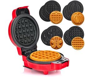 LEHMANN Mini Gofrera con Placas Intercambiables, Formas de gofre - Calabaza, Muñeco de Jengibre, Corazón y Clásica, Revestimiento Antiadherente, para fiestas infantiles y reuniones familiares, Rojo