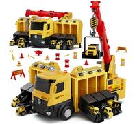 Lehoo Castle Camión de Juguete con Grúa Luz y Sonido, Vehículos de Construcción Regalo para Niños de 3 4 5 6 Años, Garaje Coches Juguete con 6 Mini Excavadora Tractor y Piezas de Construcción