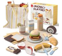 Lehoo Castle Cocinita Infantil, Juguete de Picnic de Madera, Cocina Juguete con Postre de Frutas Cortadas, Cocina Juguete Madera con Bolsa de Tienda, Juguetes Montessori, 3+ Años