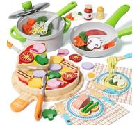 Lehoo Castle Comida Madera Juguete para Cocina, Juguete de Pizza Pasta, Cocina Juguete con Cubiertos, Ollas y Sartenes, Juguetes de rol Regalos para 2 3 4 Años