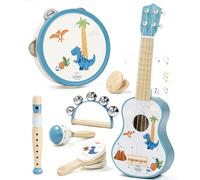 Lehoo Castle Juego de Guitarra Infantil con 7 Instrumentos usicales, Ukelele Niños de Madera con Pandereta, Flauta, Maracas y Sonajero, Educativos Juguete Musical Regalo 2 3 4 Años