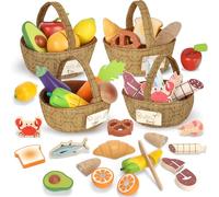 Lehoo Castle Juguetes de Madera, Comida Juguete, Comida Juguete Cocinita con Cuatro Cestas de Tela, Accesorios Cocina Juguetes, Utensilios Cocina Juguete para Niñas 3 4 5 6 7 Años