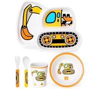 Lehoo Castle Platos para niños, juego de vajilla para niños, excavadora de 5 piezas, sin BPA, plato, cuenco, vaso, cuchara, tenedor, regalo para niños y niñas