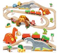 Lehoo Castle Tren Madera Juguete de Dinosaurios para Niños, Juguete de Tren Compatible con Thomas, Brio y Hape, Regalo para Niños y Niña