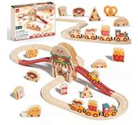 Lehoo Castle Tren Madera Juguete, Hamburguesa Juguete de Tren con Pizza, Patatas Fritas y Accesorios, Juguetes Niñas 3 Años, Compatible con Thomas, Brio y Hape