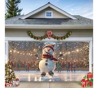 LEIDIMUS 16 * 7ft/4.8 * 2.1 m,Navidad Garagentor-Banner - Lindo muñeco de nieve de patinaje sobre hielo con escena de invierno - Gran decoración de pared de Navidad, cubierta impermeable para garaje