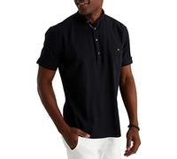 Leif Nelson Camisa de lino para hombre de verano de manga corta/camisa Henley para ocio y negocios/mezcla de lino y algodón/corte regular, Negro , L