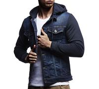 Leif Nelson Chaqueta vaquera para hombre, con capucha, con resultonas mangas de algodón, diseño moderno, corte normal, azul, XXXL