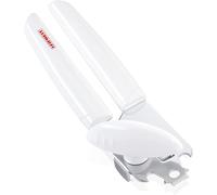 Leifheit Abrelatas Exact – plástico blanco, acero inoxidable, borde endurecido y abrebotellas