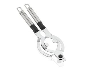 Leifheit Abretapas ProLine, Abridor Multiusos para Tarros y Botellas | Acero inoxidable y plástico negro, mango ergonómico, abre también tubos, con orificio para colgar por separado