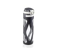 Leifheit Botella de cristal Flip de 600 ml, botella reutilizable 100% hermética, apertura con una mano, botella deportiva sin BPA y con filtro, negro