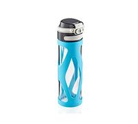 Leifheit Botella de cristal Flip de 600 ml, botella reutilizable y hermética, se abre con una mano, botella deportiva sin BPA, con filtro, azul claro