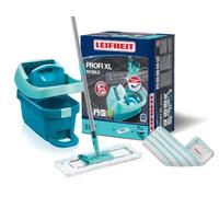 Leifheit Set de cubo con ruedas y mopa extraplana Profi XL, cubo escurridor con prensa, mopa friegasuelos con palo de acero y funda de repuesto