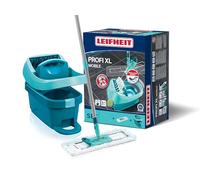 Leifheit Set de cubo con ruedas y mopa extraplana Profi XL, cubo escurridor con prensa y mopa friegasuelos con palo de acero de 3 piezas